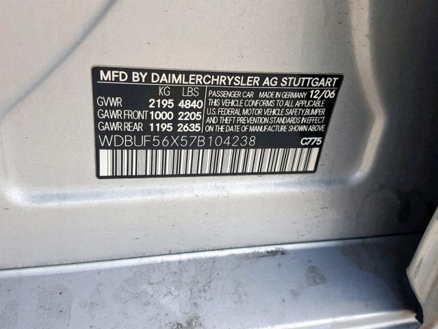 WDBUF56X57B104238 - 2007 MERCEDES-BENZ E 350 SILVER photo 10