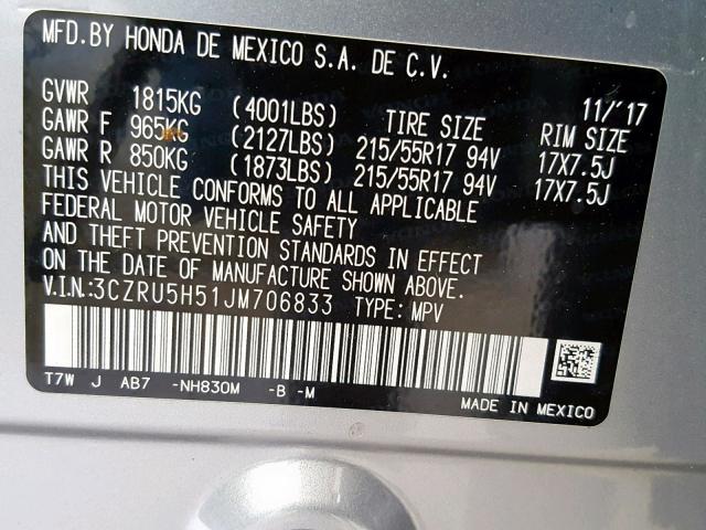 3CZRU5H51JM706833 - 2018 HONDA HR-V EX SILVER photo 10