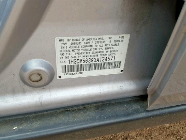 1HGCM56393A134571 - 2003 HONDA ACCORD LX SILVER photo 10