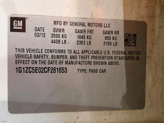 1G1ZC5E02CF281653 - 2012 CHEVROLET MALIBU 1LT WHITE photo 10