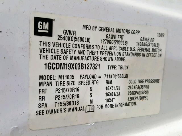 1GCDM19X03B127321 - 2003 CHEVROLET ASTRO WHITE photo 10