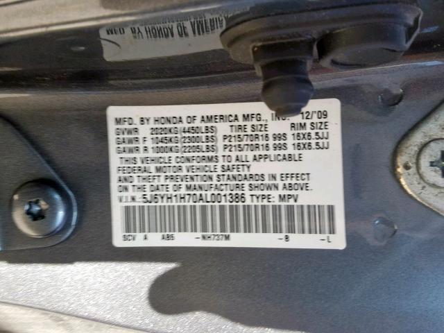 5J6YH1H70AL001386 - 2010 HONDA ELEMENT EX SILVER photo 10