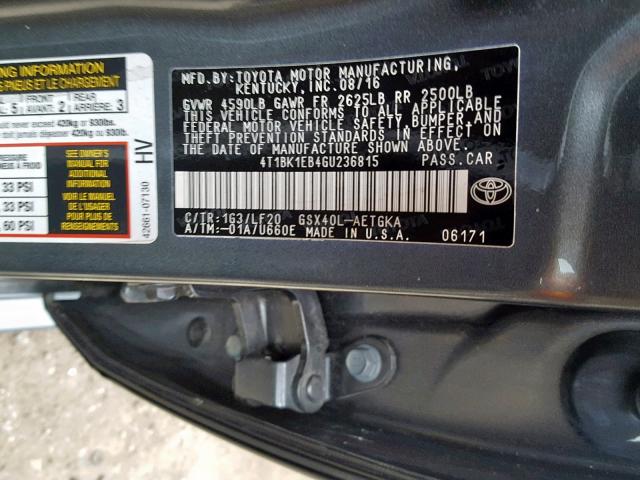 4T1BK1EB4GU236815 - 2016 TOYOTA AVALON XLE GRAY photo 10