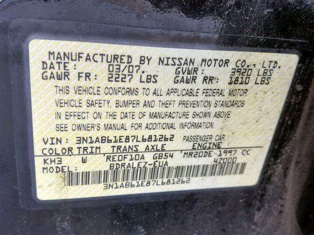 3N1AB61E87L681262 - 2007 NISSAN SENTRA 2.0 BLACK photo 10