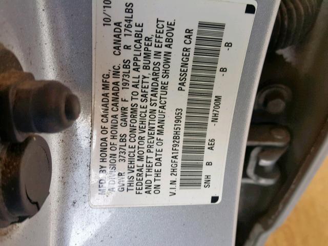 2HGFA1F92BH519053 - 2011 HONDA CIVIC EXL SILVER photo 10