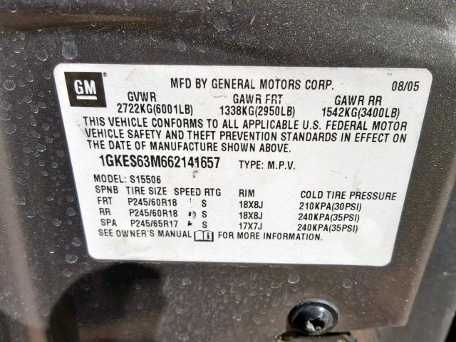 1GKES63M662141657 - 2006 GMC ENVOY DENA GOLD photo 10