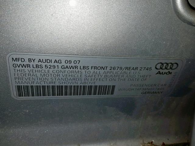 WAUDH74F38N041865 - 2008 AUDI A6 3.2 QUA SILVER photo 10