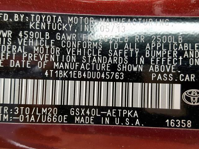 4T1BK1EB4DU045763 - 2013 TOYOTA AVALON BAS BURGUNDY photo 10