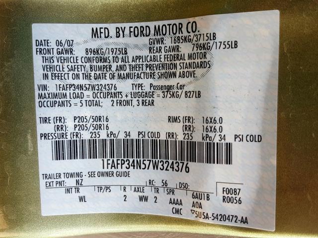 1FAFP34N57W324376 - 2007 FORD FOCUS ZX4 GREEN photo 10