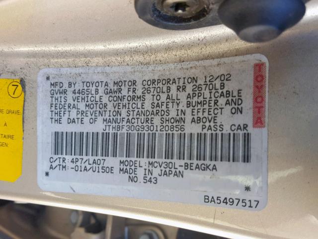 JTHBF30G930120856 - 2003 LEXUS ES 300 TAN photo 10