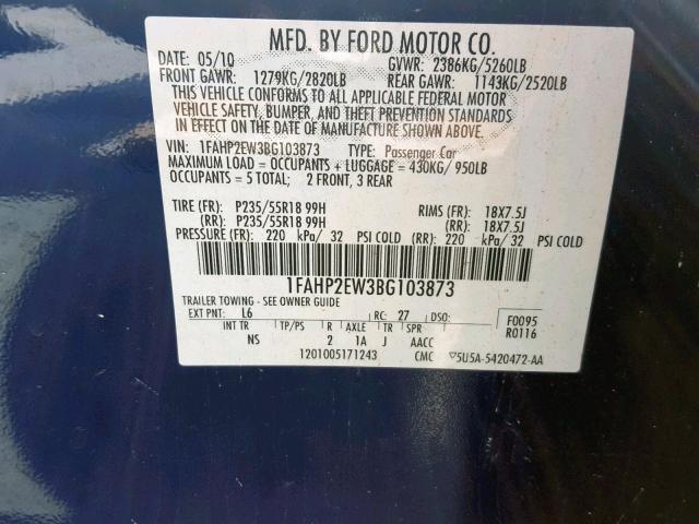 1FAHP2EW3BG103873 - 2011 FORD TAURUS SEL BLUE photo 10