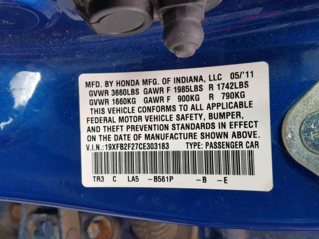 19XFB2F27CE303183 - 2012 HONDA CIVIC DX BLUE photo 10