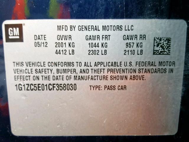 1G1ZC5E01CF358030 - 2012 CHEVROLET MALIBU 1LT 蓝色 照片 10