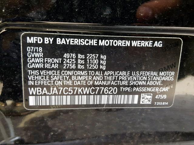 WBAJA7C57KWC77620 - 2019 BMW 530 XI BLACK photo 10
