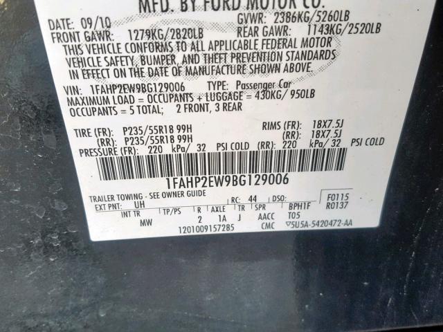 1FAHP2EW9BG129006 - 2011 FORD TAURUS SEL BLACK photo 10