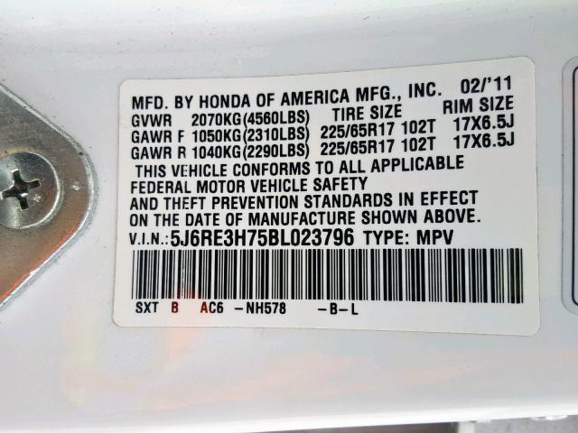 5J6RE3H75BL023796 - 2011 HONDA CR-V EXL WHITE photo 10