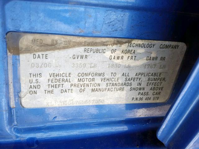 KL1TD56676B667050 - 2006 CHEVROLET AVEO BASE Көк фото 10