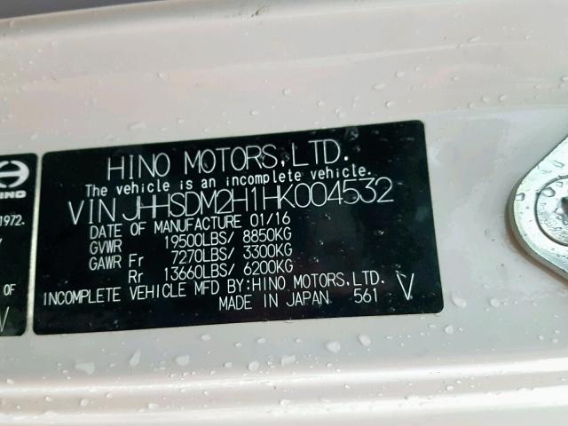 JHHSDM2H1HK004532 - 2017 HINO 195 WHITE photo 10