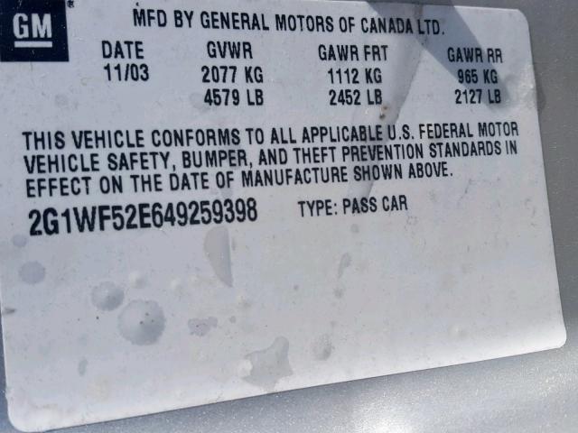 2G1WF52E649259398 - 2004 CHEVROLET IMPALA SILVER photo 10