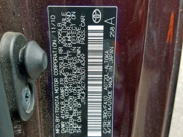 JTKJF5C77B3014349 - 2011 TOYOTA SCION TC MAROON photo 10