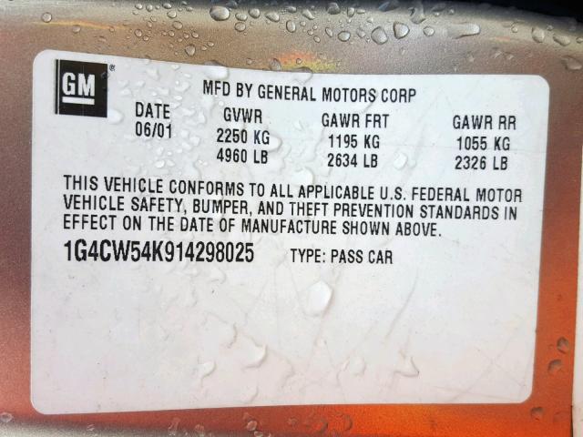 1G4CW54K914298025 - 2001 BUICK PARK AVENU CREAM photo 10