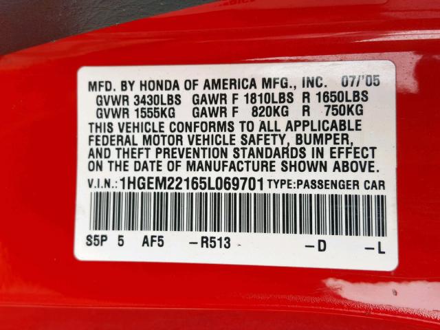 1HGEM22165L069701 - 2005 HONDA CIVIC DX V RED photo 10