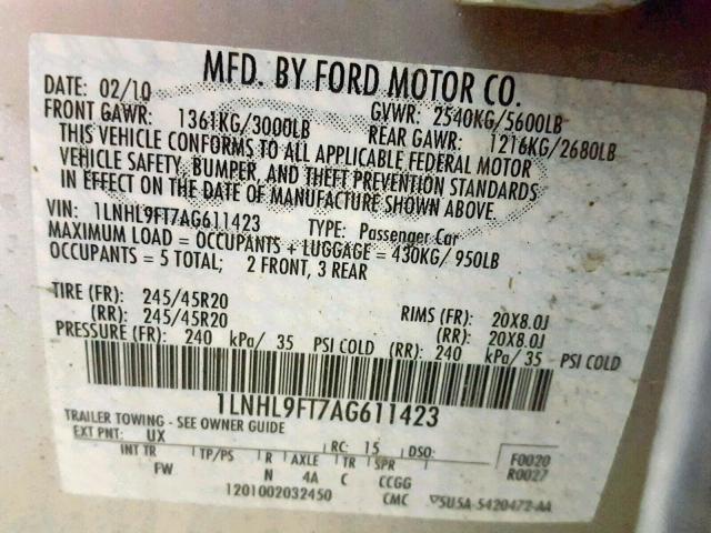 1LNHL9FT7AG611423 - 2010 LINCOLN MKS SILVER photo 10