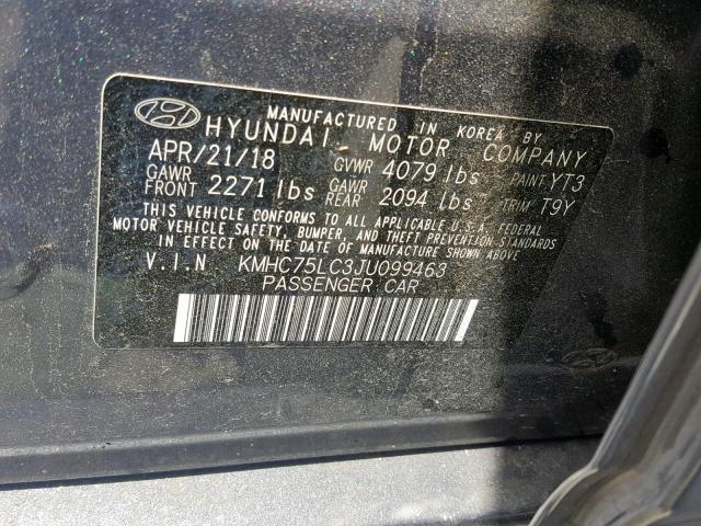 KMHC75LC3JU099463 - 2018 HYUNDAI IONIQ SEL GRAY photo 10