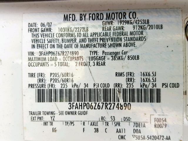 3FAHP06Z67R274890 - 2007 FORD FUSION S WHITE photo 10