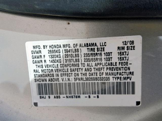 5FNRL38269B032035 - 2009 HONDA ODYSSEY LX SILVER photo 10