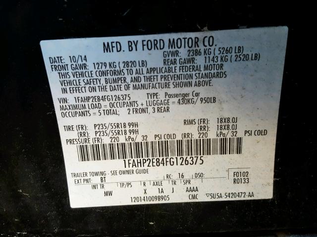 1FAHP2E84FG126375 - 2015 FORD TAURUS SEL BLACK photo 10