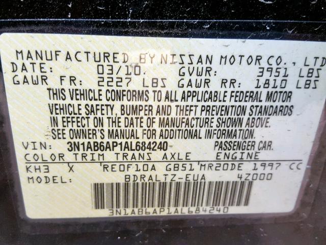 3N1AB6AP1AL684240 - 2010 NISSAN SENTRA 2.0 BLACK photo 10