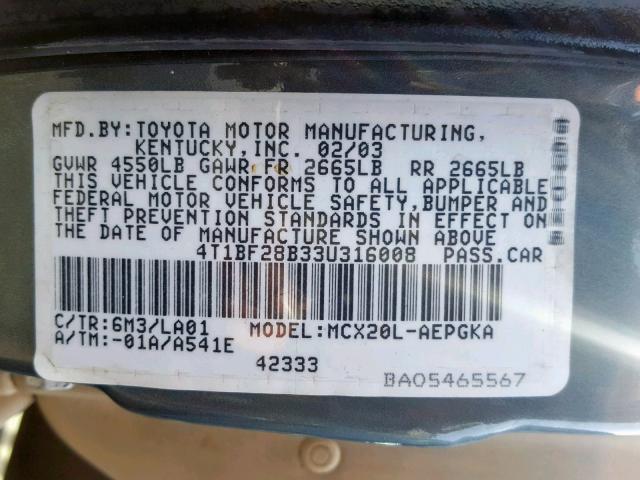 4T1BF28B33U316008 - 2003 TOYOTA AVALON TEAL photo 10