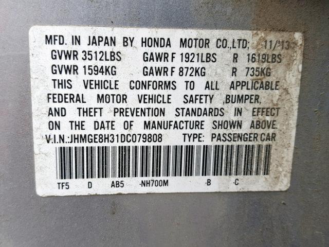 JHMGE8H31DC079808 - 2013 HONDA FIT SILVER photo 10