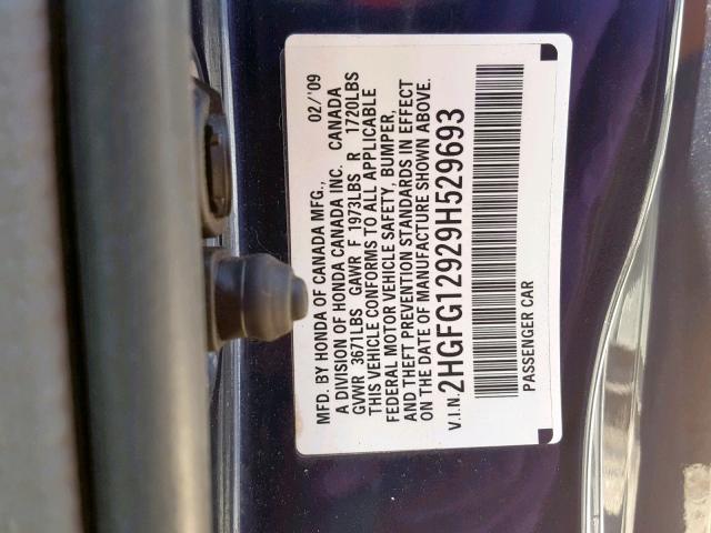 2HGFG12929H529693 - 2009 HONDA CIVIC EXL BLUE photo 10