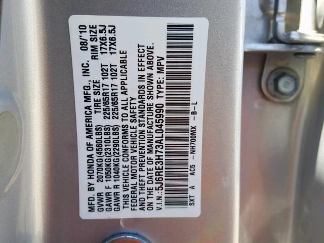 5J6RE3H73AL045990 - 2010 HONDA CR-V EXL SILVER photo 10