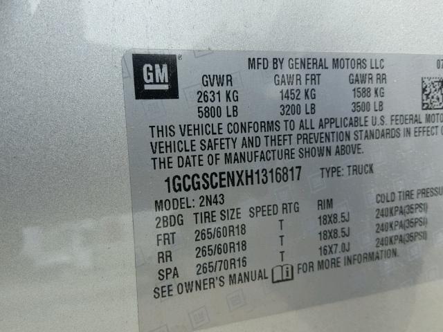 1GCGSCENXH1316817 - 2017 CHEVROLET COLORADO L SILVER photo 10