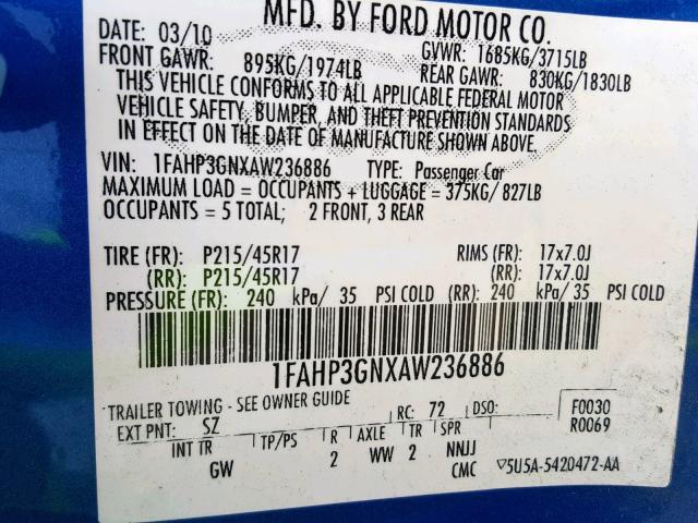 1FAHP3GNXAW236886 - 2010 FORD FOCUS SES BLUE photo 10