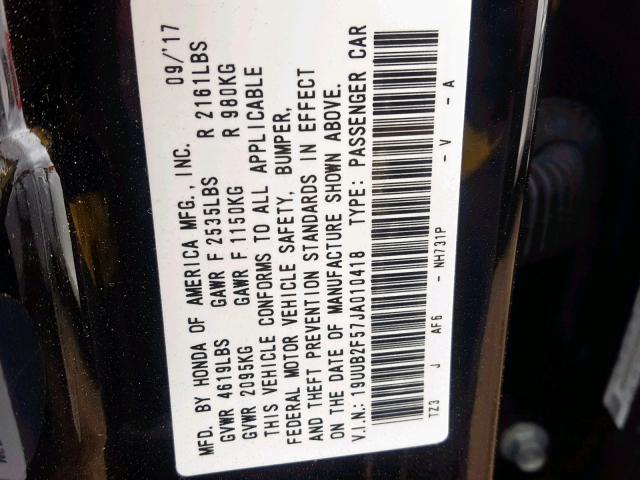 19UUB2F57JA010418 - 2018 ACURA TLX TECH BLACK photo 10