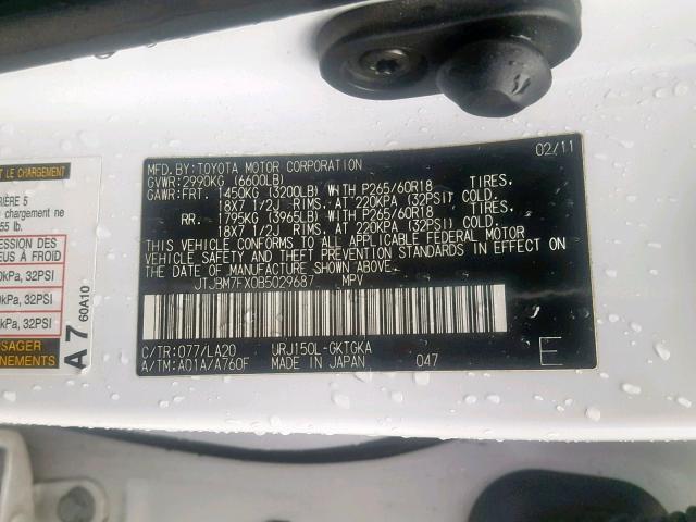 JTJBM7FX0B5029687 - 2011 LEXUS GX WHITE photo 10