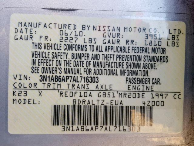 3N1AB6AP7AL716303 - 2010 NISSAN SENTRA 2.0 SILVER photo 10