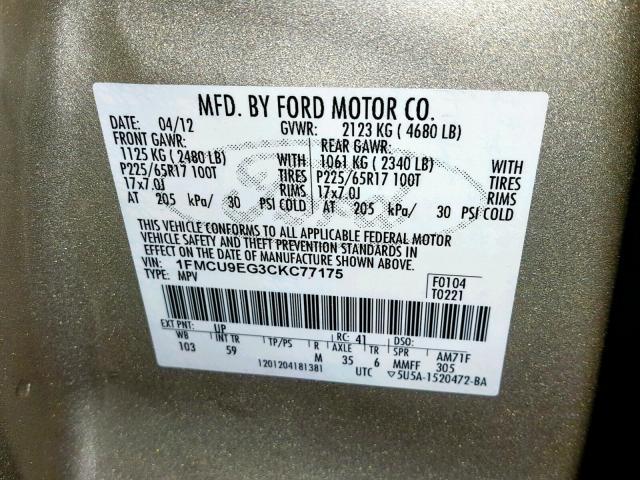 1FMCU9EG3CKC77175 - 2012 FORD ESCAPE LIM GOLD photo 10