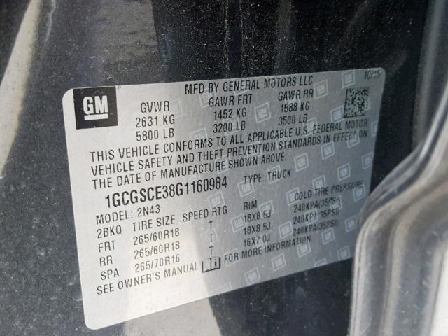 1GCGSCE38G1160984 - 2016 CHEVROLET COLORADO L GRAY photo 10