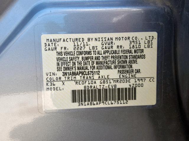 3N1AB6AP9CL675112 - 2012 NISSAN SENTRA 2.0 SILVER photo 10