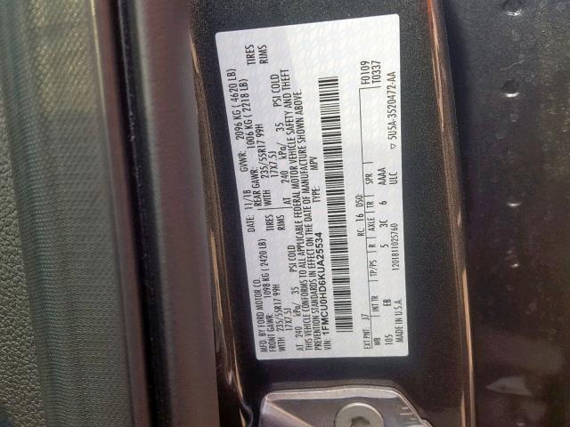 1FMCU0HD6KUA25534 - 2019 FORD ESCAPE SEL GRAY photo 10