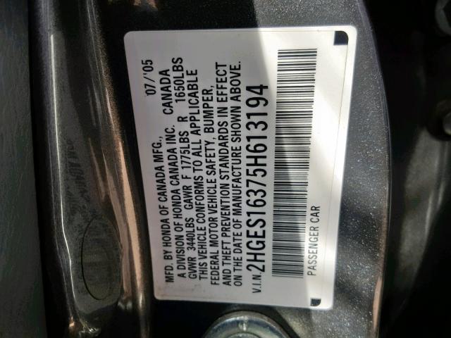 2HGES16375H613194 - 2005 HONDA CIVIC DX V GRAY photo 10