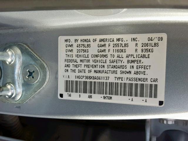 1HGCP368X9A041137 - 2009 HONDA ACCORD EXL GRAY photo 10