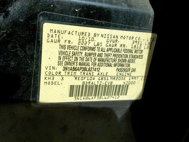 3N1AB6AP3BL627412 - 2011 NISSAN SENTRA 2.0 BLACK photo 10