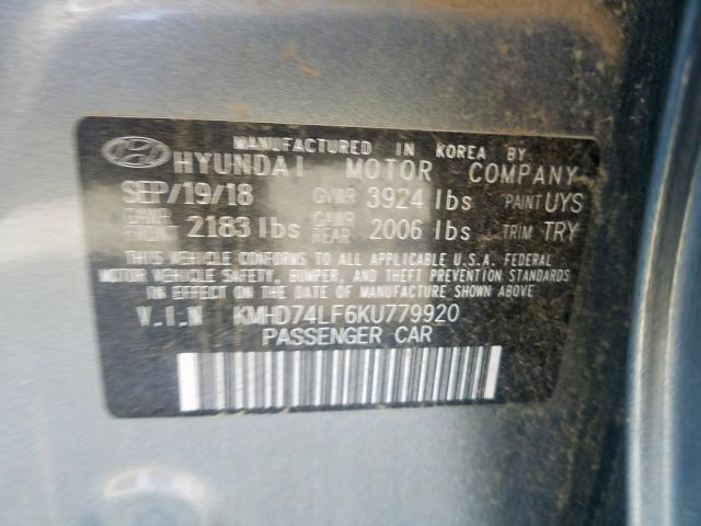 KMHD74LF6KU779920 - 2019 HYUNDAI ELANTRA SE  photo 10