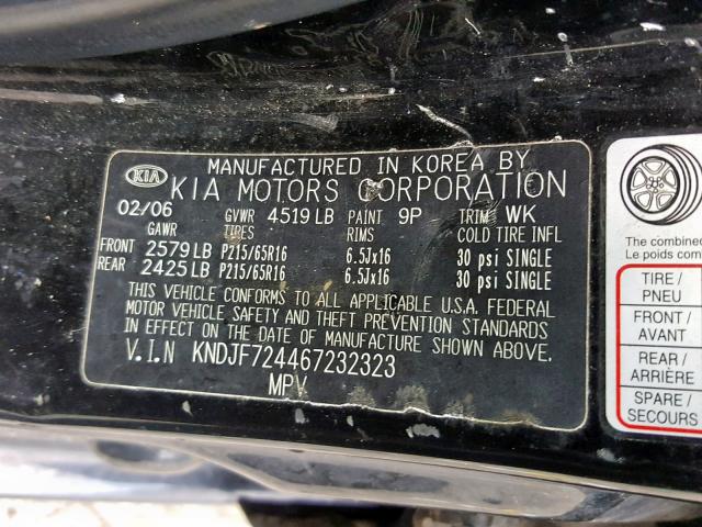 KNDJF724467232323 - 2006 KIA NEW SPORTA BLACK photo 10